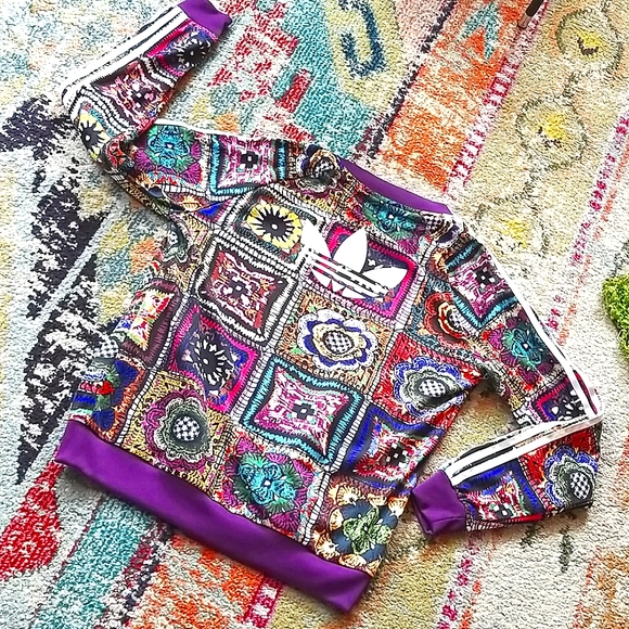 Adidas x FARM Rio HTF RARE Bomber Faux Crochet Patchwork Track Workout Jacket M - Picture 4 of 15